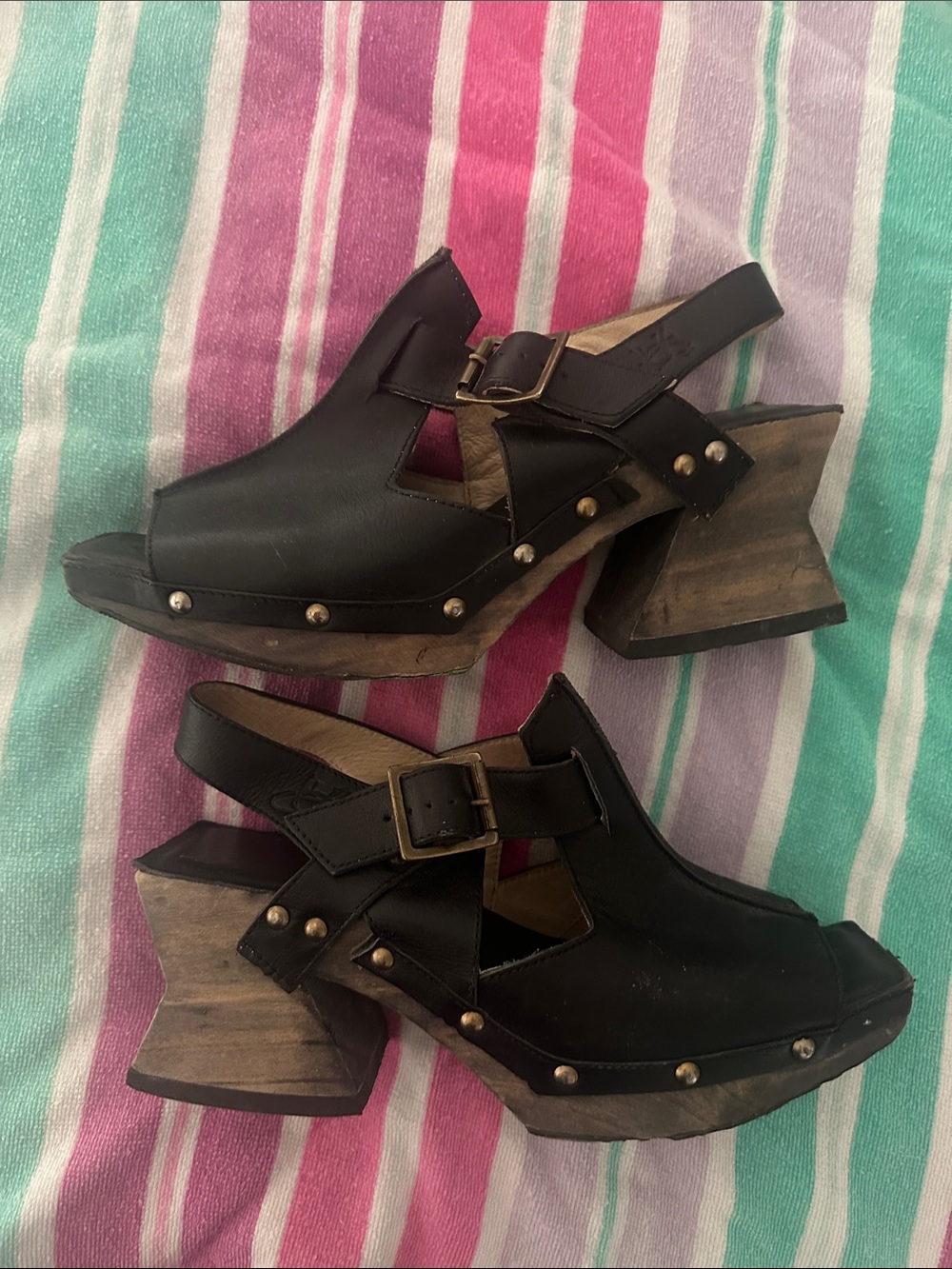 John Fluevog Black Studded Leather Clog Heels